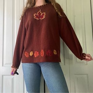 ADORABLE FALL SWEATER LEAF VINTAGE CREWNECK SIZE LARGE MANDAL BAY BROWN TAN RED